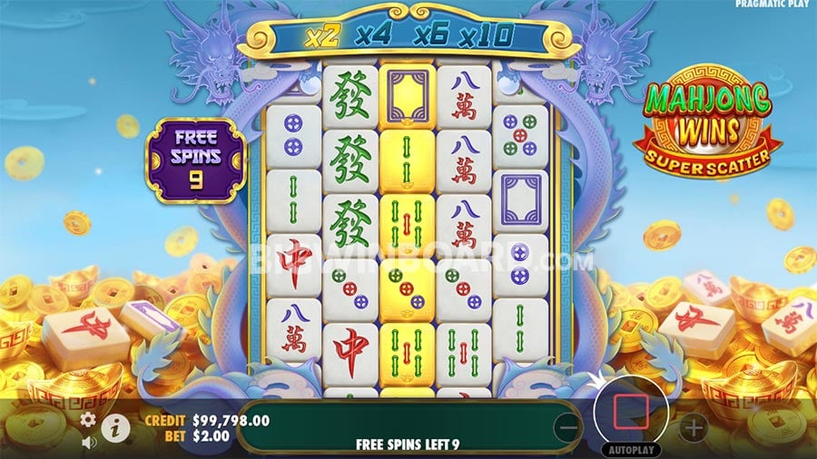 Free spins bonus round in the Mahjong Wins Super Scatter slot machine with increased multipliers.