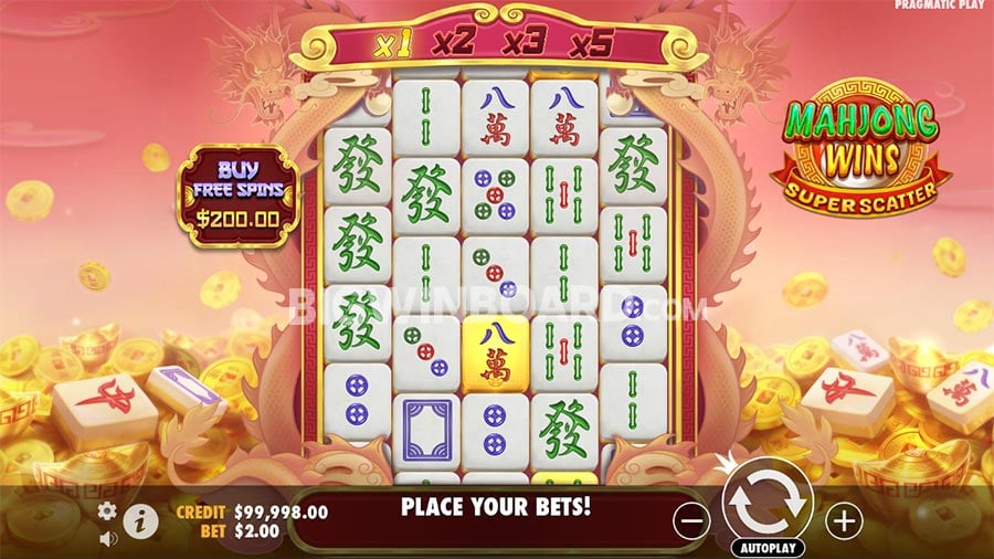 The game interface of the Mahjong Wins Super Scatter slot from Pragmatic Play, showing the reels with mahjong symbols.